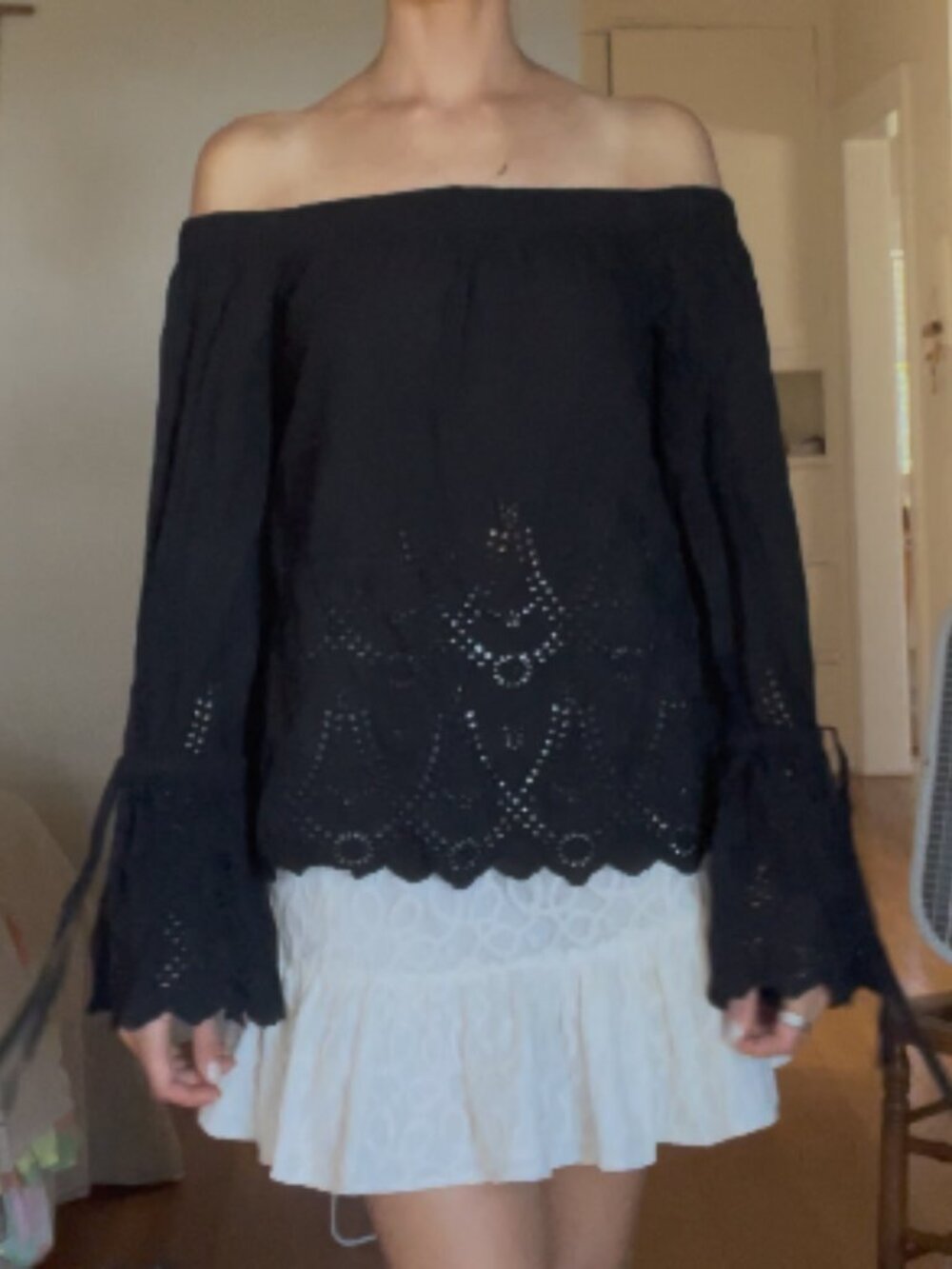 Trovata Bird of Paradis Black Off the Shoulder Eyelet Blouse